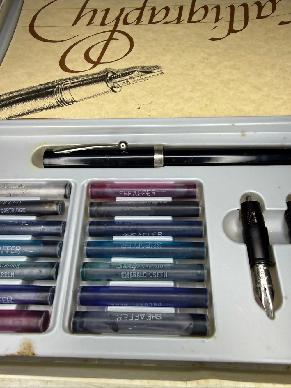 Vintage Sheaffer Calligraphy Set, Fountain Pen Writing Kit with Nibs & Ink Cartr